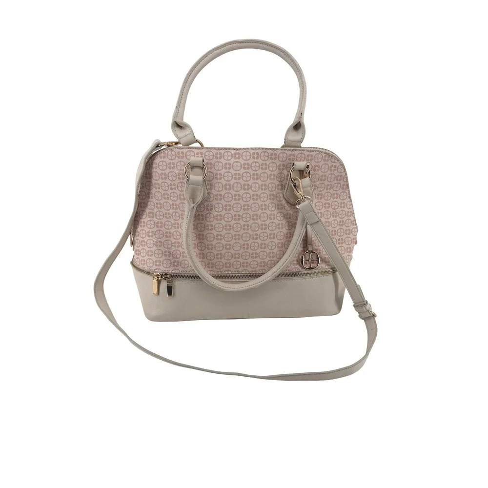 IMAN Women Cream Blush Geometric Logo Satchel Handbag and Cosmetic Case 2pc Set